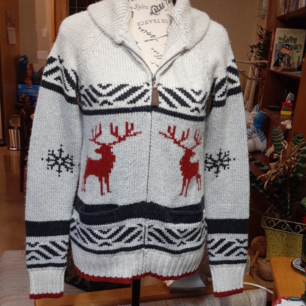 DONATING SOON Cozy Reindeer Patterned Cardigan - Cream, Black And Red
